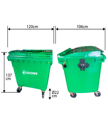 CONTENEDOR DE RESIDUOS PLASTICO CON RUEDAS VERDE 1100 LTS.