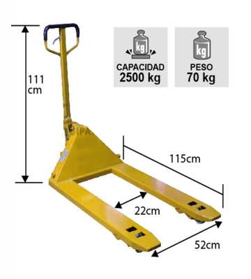 TRANSPALETA ANGOSTA 2500 KG. NYLON 520 MM